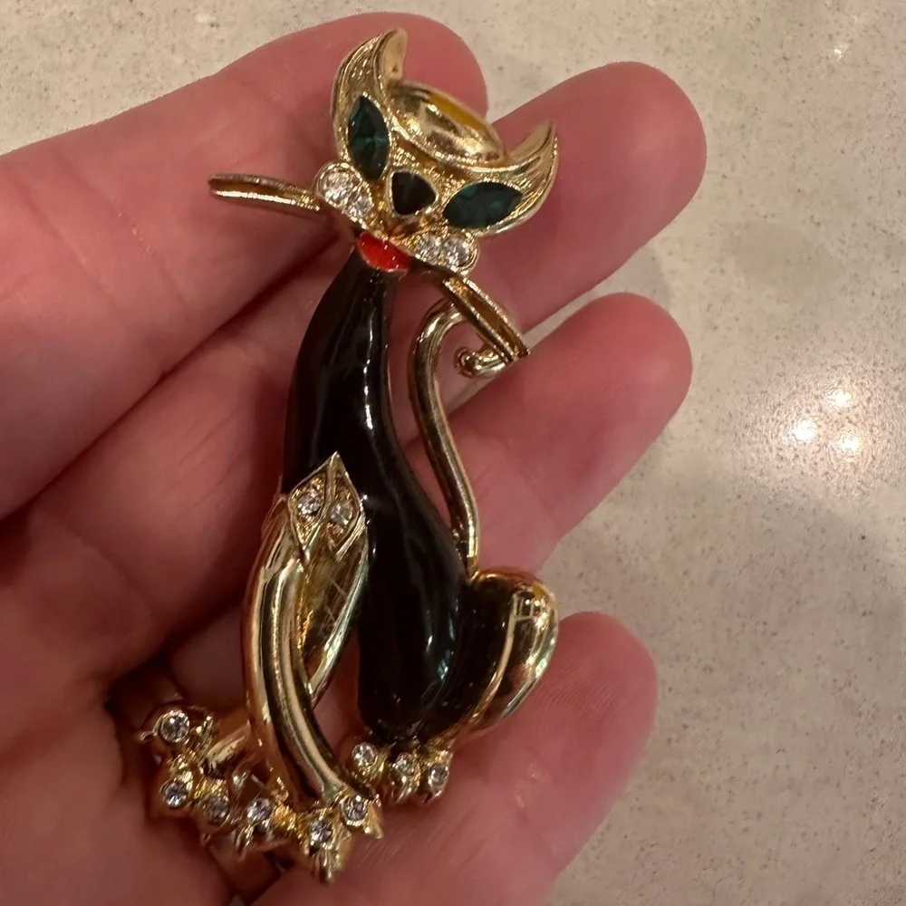VINTAGE Gonite French 1960s CAT Rhinestone BROOCH PIN EMERALD EYES RETRO Mid-Mod